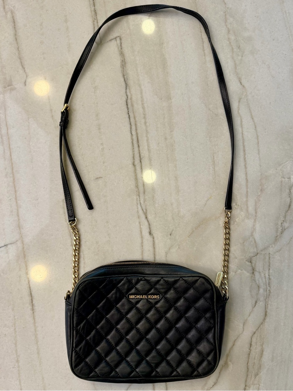 Michael Kors Black Quilted Leather Crossbody with Gold Chain